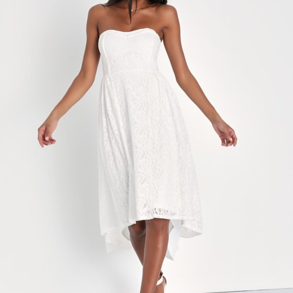 Lulus Curated Charm White Lace Strapless Bustier High-low Dress - Size L